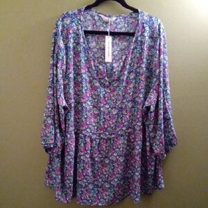 Womans 4X Agnes Orinda Pink and Purple Floral Blouse with Flutter Sleeves